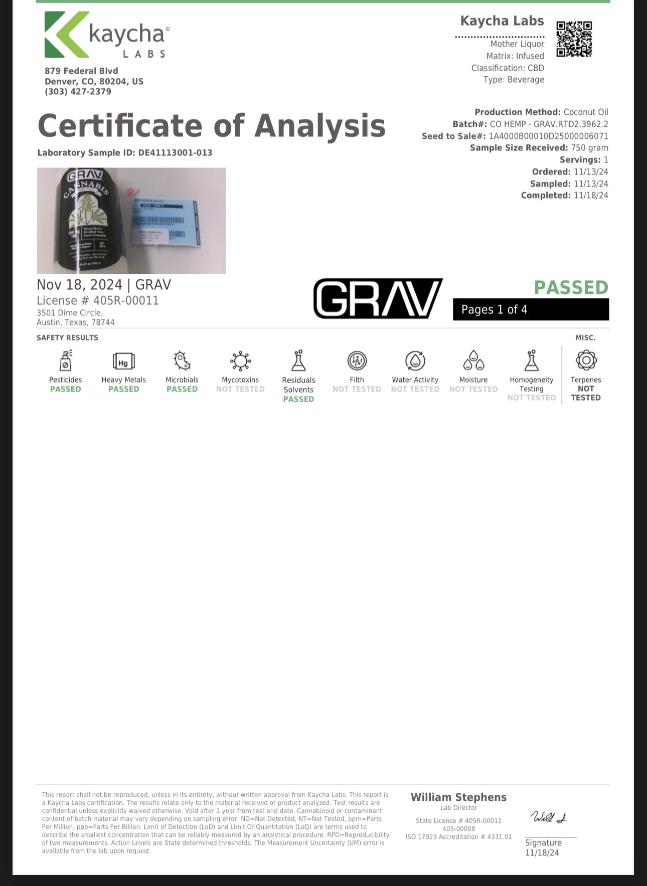 GRAV® CANNABIS SPIRIT, 250MG - 750ML BOTTLE