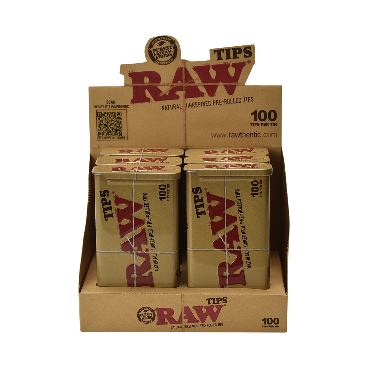 RAW Authentic Pre-Rolled Tips Tin - 100 Tips Per Tin - (6 Count Display)