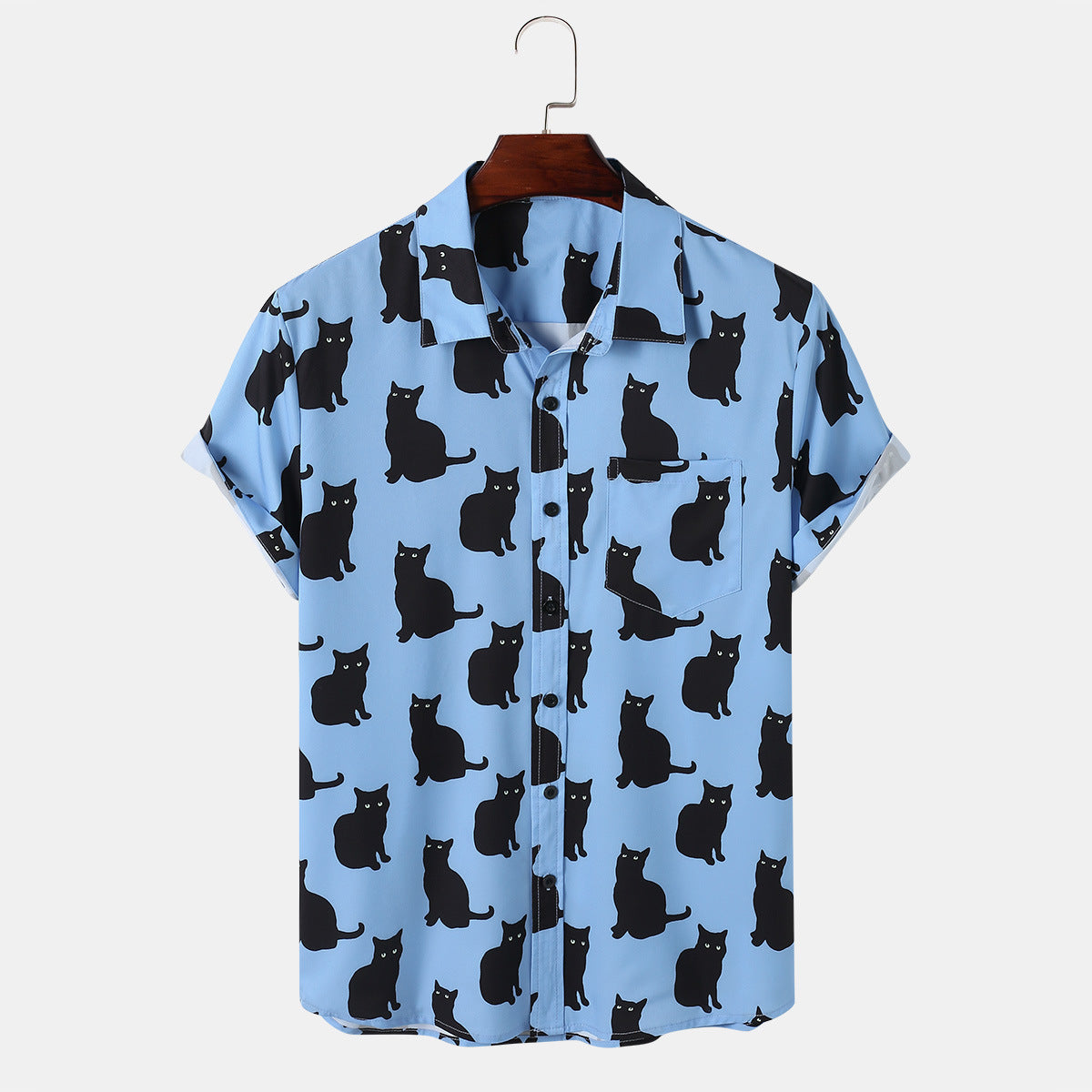 Meow Print Short-sleeved Men's Lapel Shirt