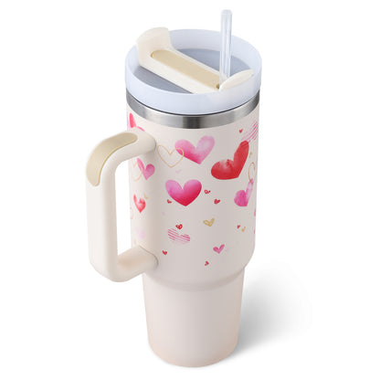 Vaso de 40 onzas con asa aislado con pajita, acero inoxidable a prueba de derrames, taza de café al vacío con tapa, taza cónica, regalos para los amantes de San Valentín, adecuado para el coche, gimnasio, oficina, viajes