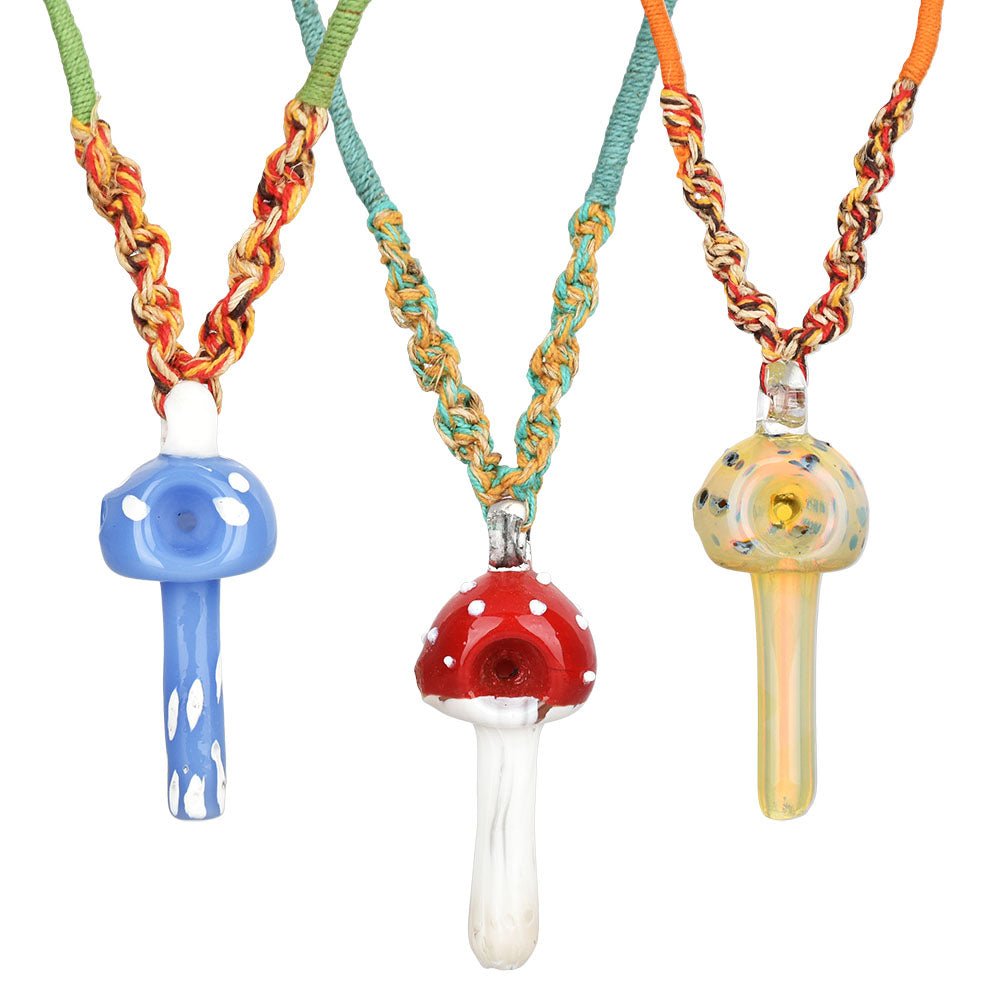 10PC BUNDLE - Mushroom Pendant Spoon Pipe Hemp Necklace - 19"/Asst Clrs - Smoke N’ Poke