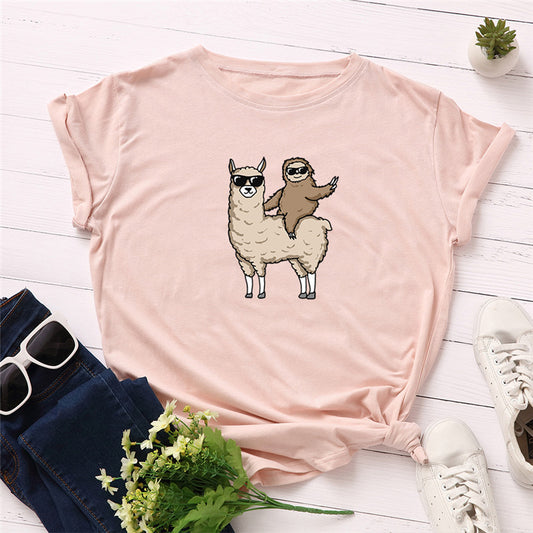 Sloth Riding Goat Sunglasses Printing Cool European And American Top T-shirt Short Sleeve Round Neck Men And Women Same Style