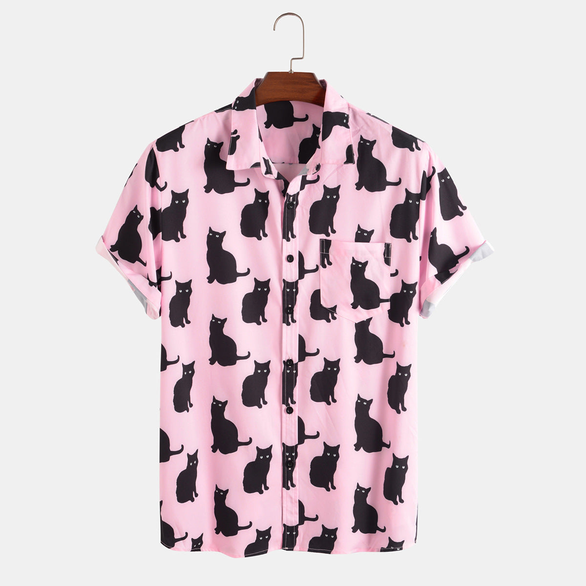 Meow Print Short-sleeved Men's Lapel Shirt