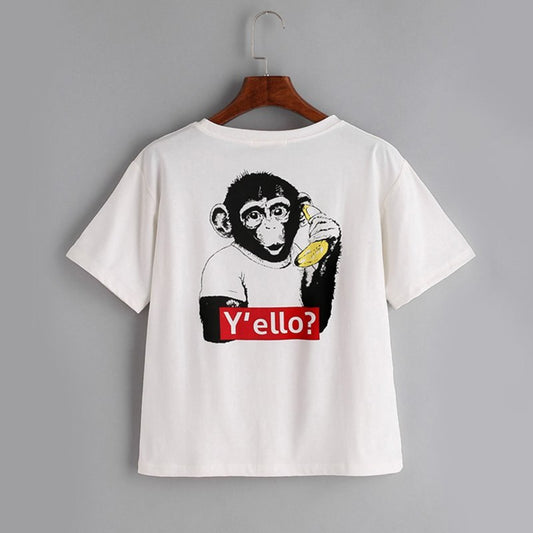Monkey Print Back T-shirt White Funny Tee Women O Neck Cute Summer Tops Fashion Short Sleeve Casual New T-shirt