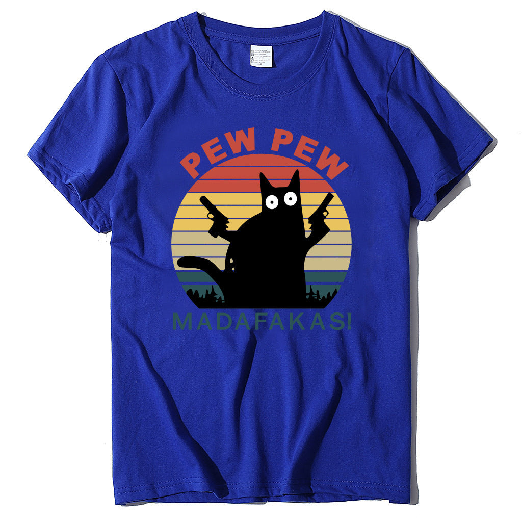 Letter Cat Novelty Print Round Neck T-Shirt Short Sleeve