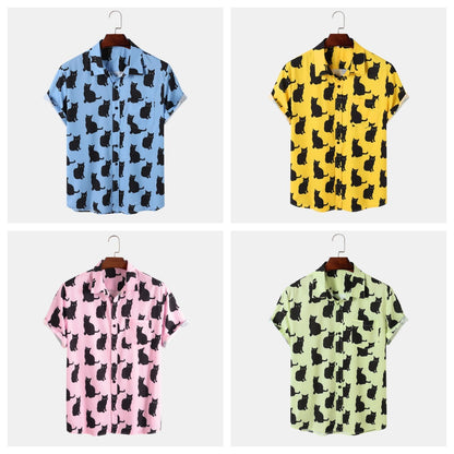 Meow Print Short-sleeved Men's Lapel Shirt