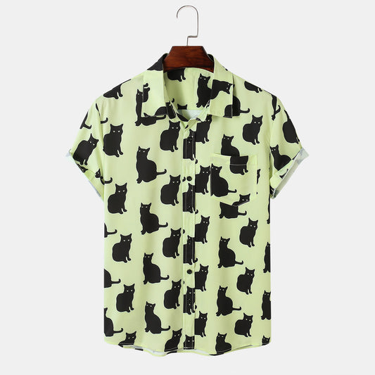 Meow Print Short-sleeved Men's Lapel Shirt