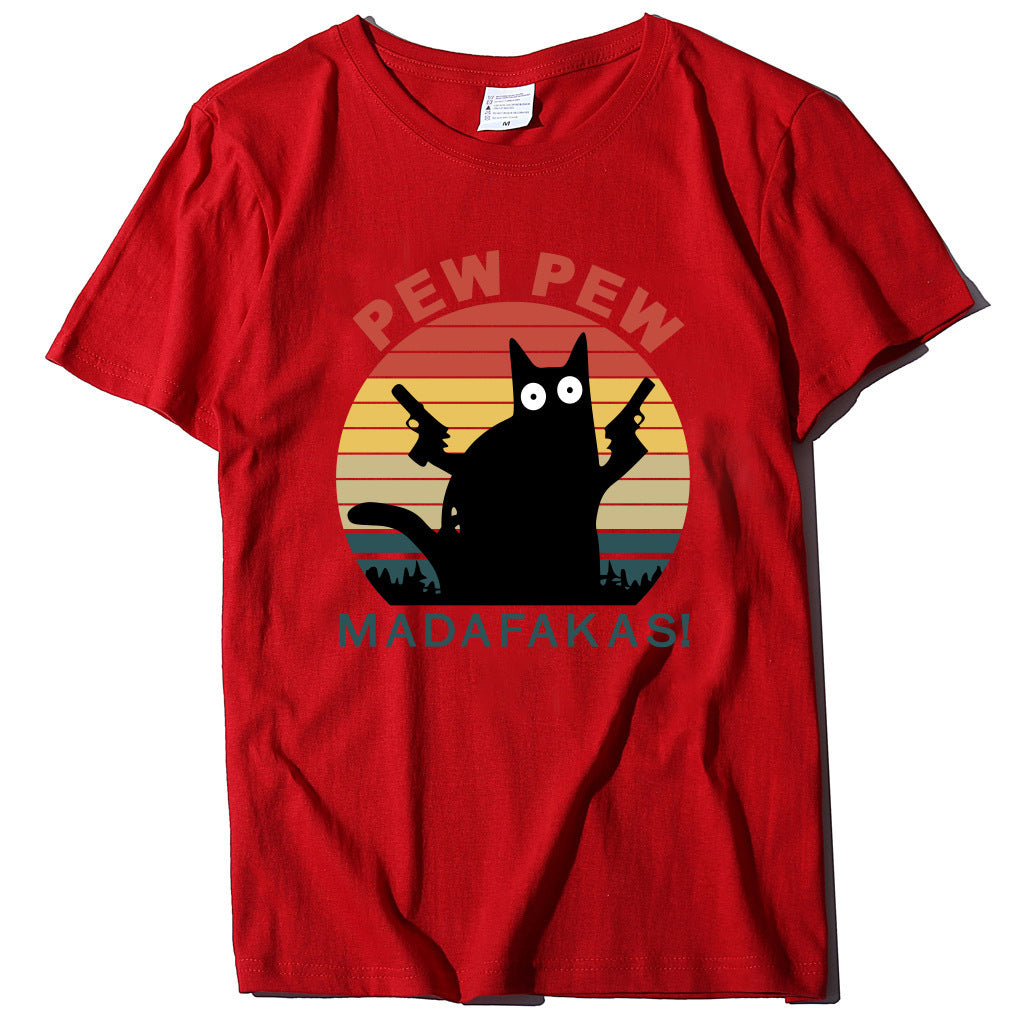 Letter Cat Novelty Print Round Neck T-Shirt Short Sleeve