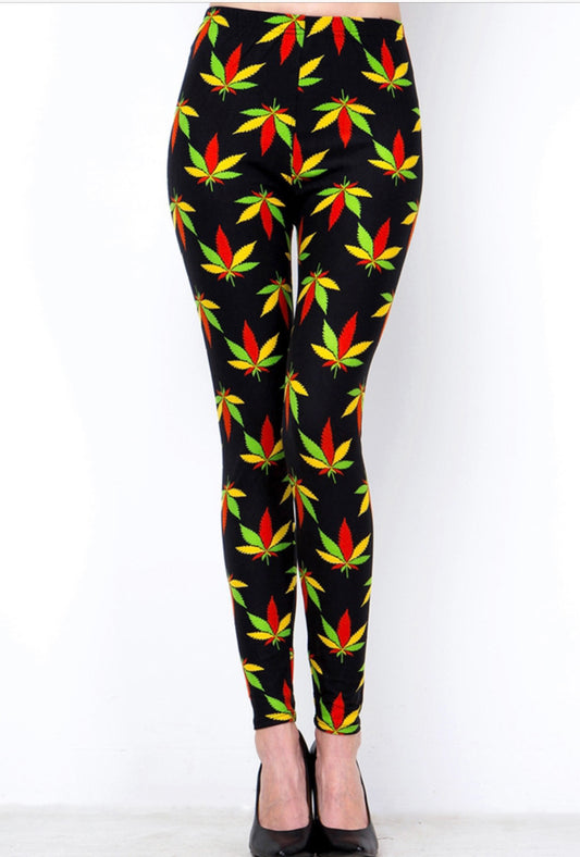 Multi Color Hemp Leaf Leggings - Smoke N’ Poke