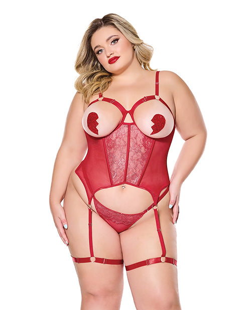 Metallic Stretch Scallop Lace and Mesh Bustier w/Thong - Red XL