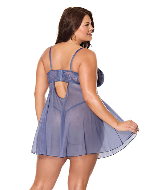 Twilight Fever Lace & Mesh Babydoll w/G-String - Navy XL