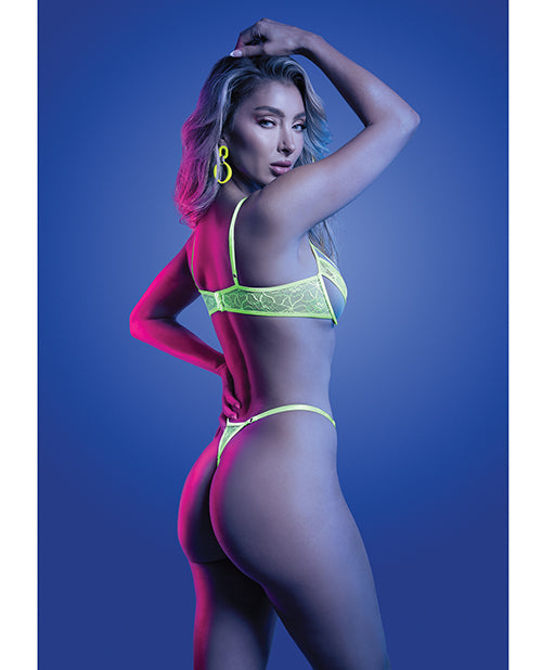 Mind Control UV Reactive Lace and Mesh Underwire Bra & Thong - Neon Green L/XL