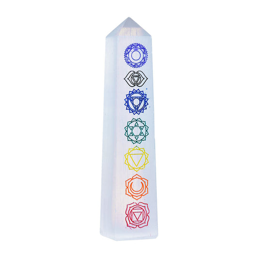 Chakra Symbols Selenite Crystal Obelisk - 4.5" - Smoke N’ Poke