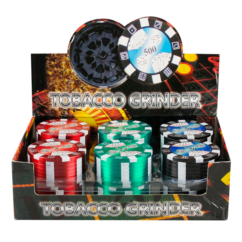 12PC DISP - 2" Metal 3pc Grinder - Poker Chip - Assorted - Smoke N’ Poke