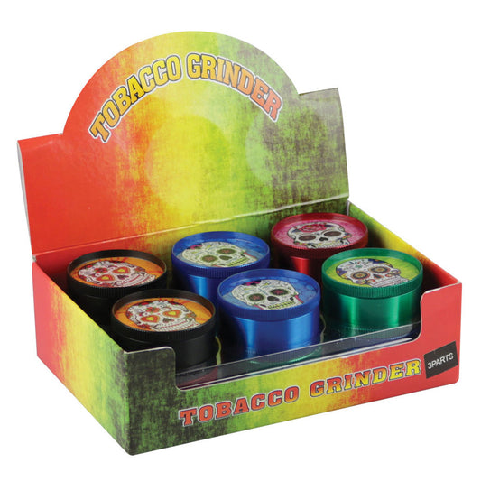 12 PC DISPLAY - 2" 3pc DOTD Sugar Skull Grinder - Assorted Colors - Smoke N’ Poke