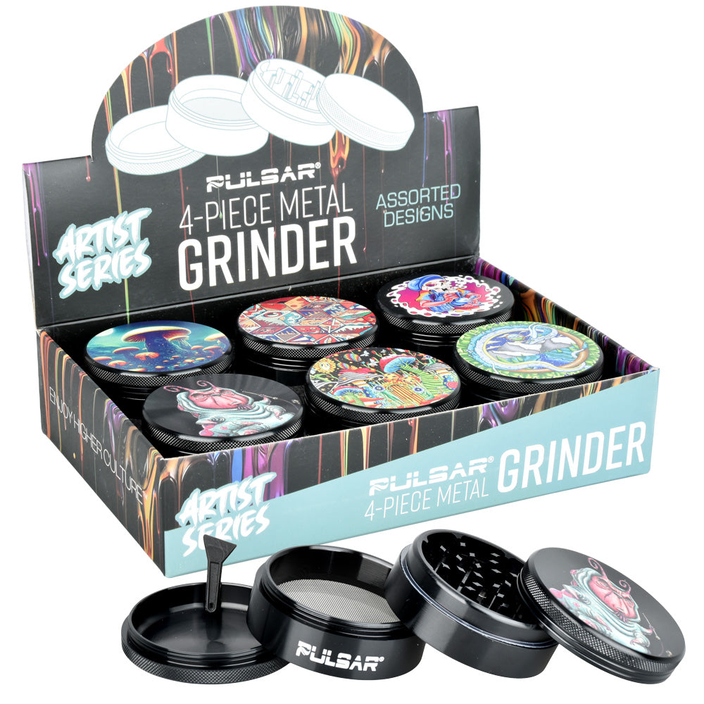 6PC DISPLAY - Pulsar Artist Series Grinder - 2.5" / 4pc / Assorted Designs - Smoke N’ Poke