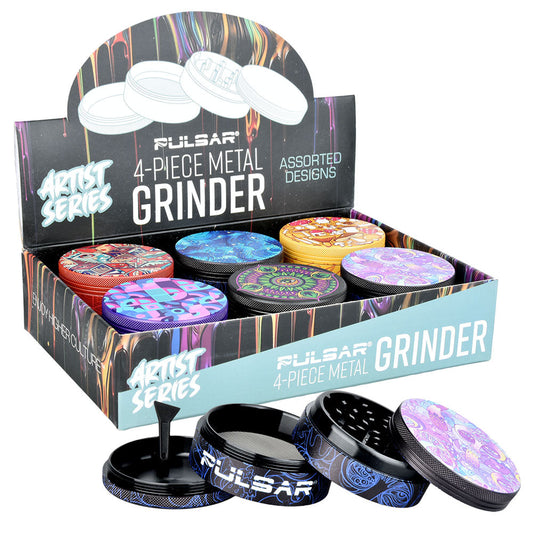 6PC DISP-Pulsar Artist Series Grinder with Side Art- 4pc /2.5"/Asst Designs - Smoke N’ Poke