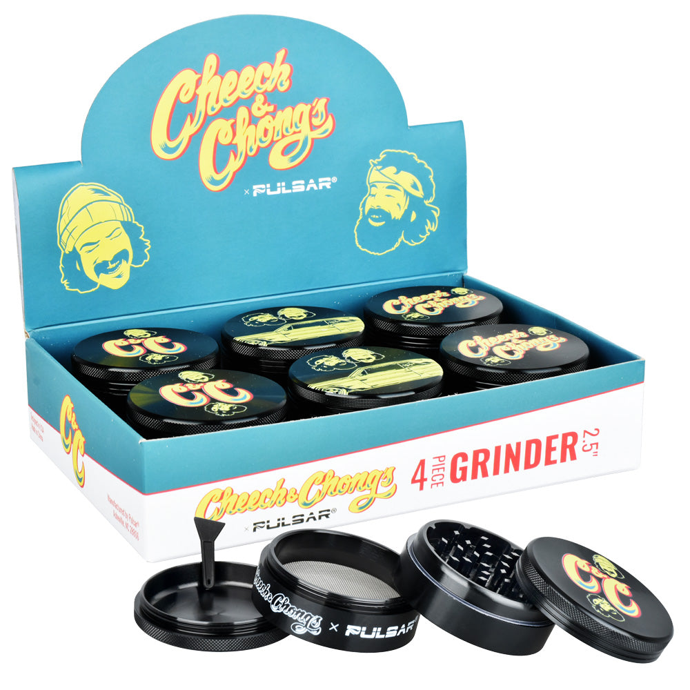 6PC DISPLAY - Cheech & Chong's x Pulsar Metal Grinder - Black / 4pc / 2.5" - Smoke N’ Poke