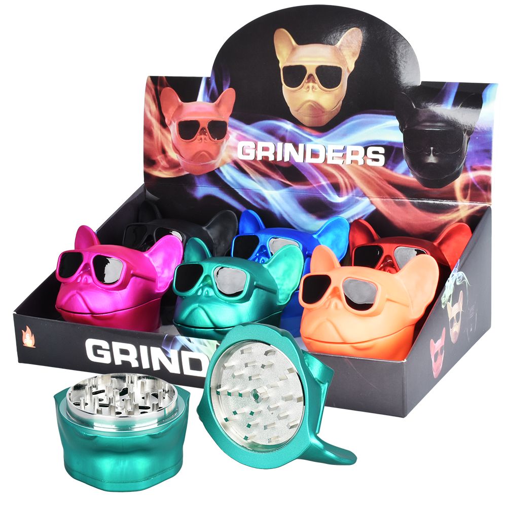 6CT DISPLAY - Hipster Dog Aluminum Grinder - 2.25" / 3pc / Assorted Colors