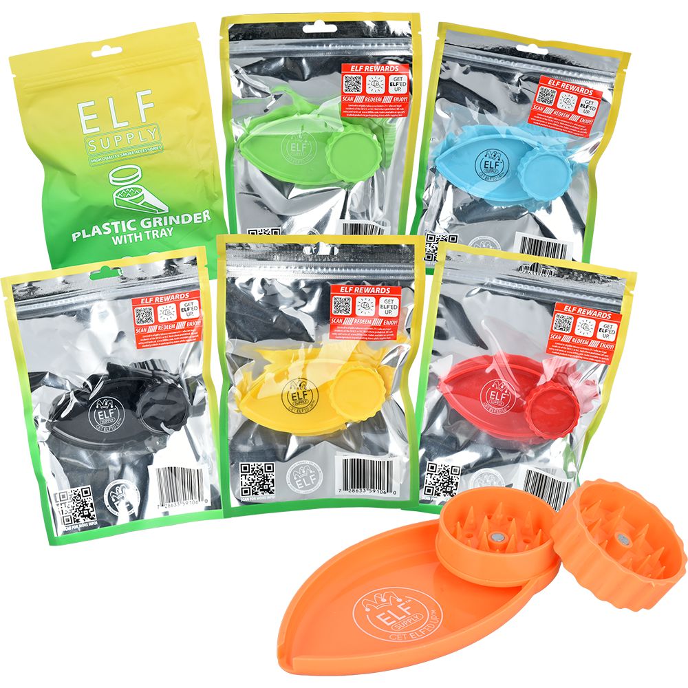 6CT BOX - ELF Supply Plastic Grinder With Tray - 1.5" / 2pc / Assorted Colors