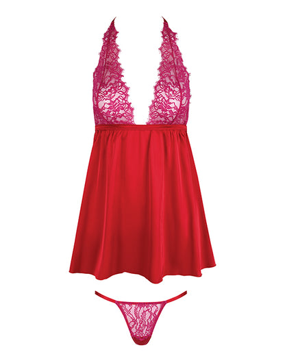 Jocelyn Lace & Satin Halter Mini Babydoll Dress w/Thong - Raspberry 1X/2X