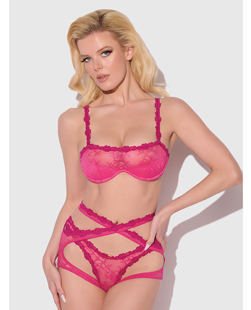 Yvone Lace Bra W/Removable Straps, Garter & Tanga Panty 3 Pc Set - Pink