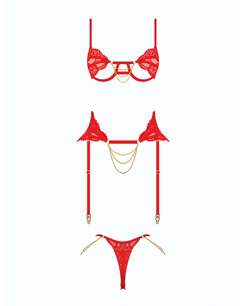 Cecily Lace Cut-Out Bra & Thong w/Garter Straps - Red 1X/2X
