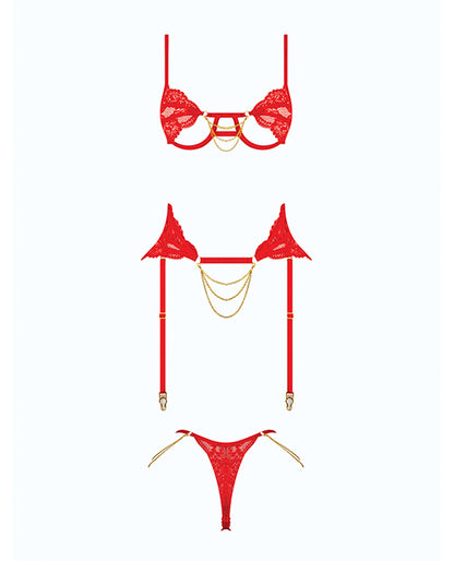 Cecily Lace Cut-Out Bra & Thong w/Garter Straps - Red 1X/2X