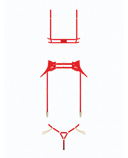 Cecily Lace Cut-Out Bra & Thong w/Garter Straps - Red LG
