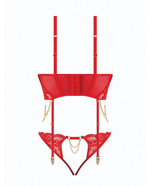 Cecily Lace & Mesh Bustier w/Thong & Garter Straps - Red XL