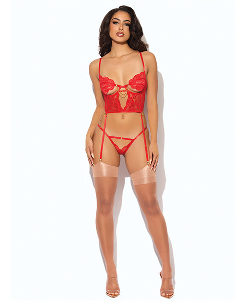 Cecily Lace & Mesh Bustier w/Thong & Garter Straps - Red XL