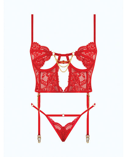 Cecily Lace & Mesh Bustier w/Thong & Garter Straps - Red XL