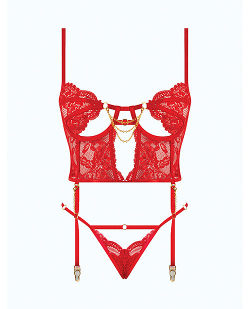 Cecily Lace & Mesh Bustier w/Thong & Garter Straps - Red XL