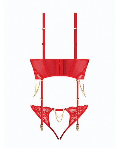 Cecily Lace & Mesh Bustier w/Thong & Garter Straps - Red XL