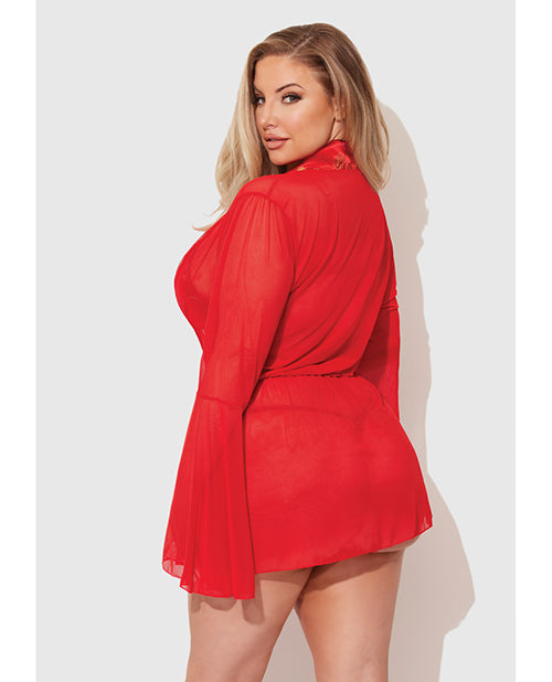 Dragon Sheer Mesh Robe w/Satin Triangle Top & G-String 3 pc Set - Red MD