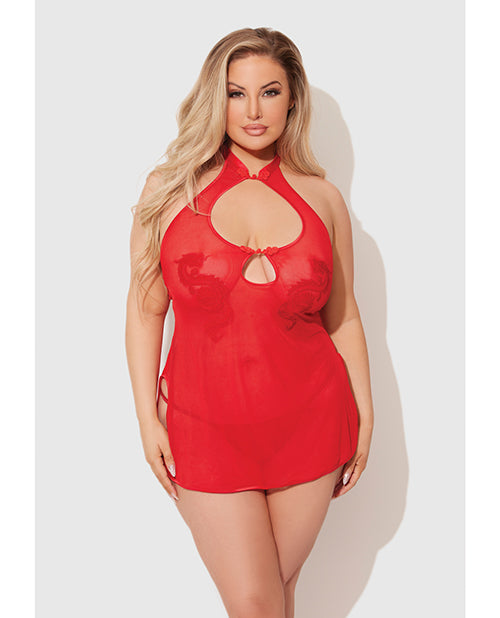 Dragon Mesh & Applique Chemise w/G-String 2 pc Set - Red MD