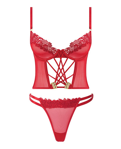 Ashley Alexiss Bustier w/Front Lace Up Ribbon Details & Matching High Cut Thong - Red LG