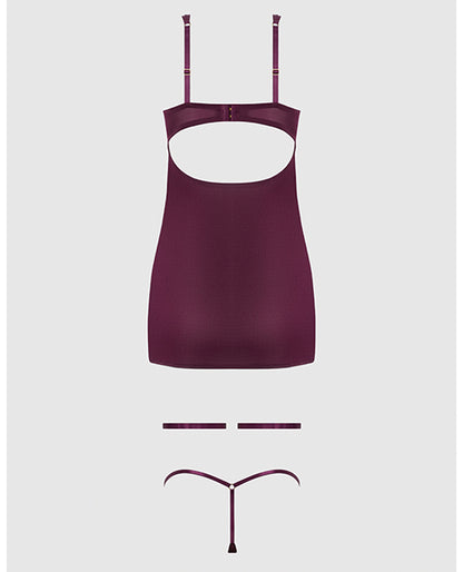 Yasmine Shimmer Mesh O-Ring Thigh Garter Chemise & G-String Set - Burgundy SM