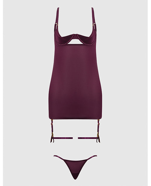 Yasmine Shimmer Mesh O-Ring Thigh Garter Chemise & G-String Set - Burgundy SM