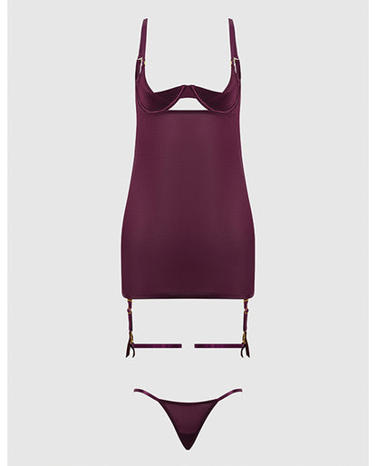 Yasmine Shimmer Mesh O-Ring Thigh Garter Chemise & G-String Set - Burgundy SM