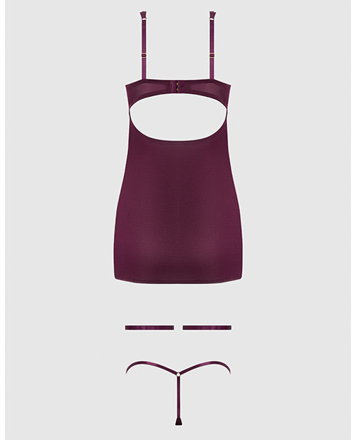 Yasmine Shimmer Mesh O-Ring Thigh Garter Chemise & G-String Set - Burgundy SM
