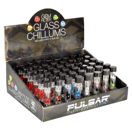 48PC DISP- Pulsar Gem Filter Glass Chillum con tapa -2.75"/Ast