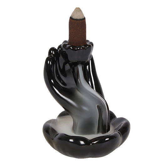 Lotus in Hand Black Ceramic Backflow Incense Burner - Smoke N’ Poke