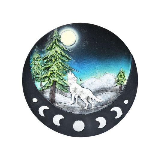 Lone Wolf Polyresin Round Incense Burner - 4.8"