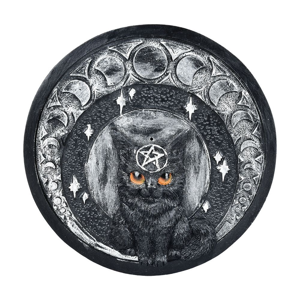 Moon Cat Polyresin Round Incense Burner - 5"