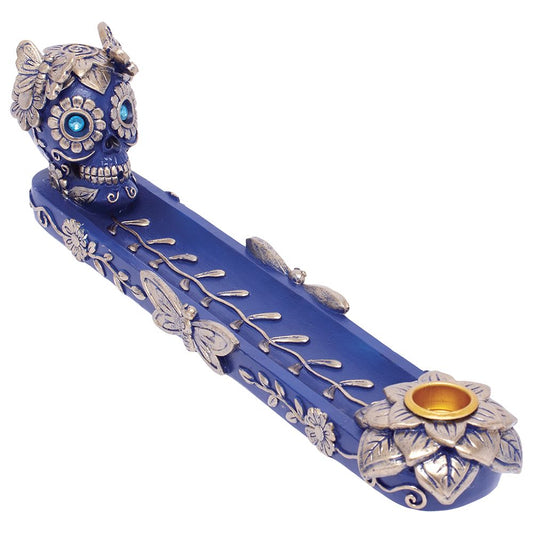 Fujima Golden Blue Skull & Butterfly Stick & Cone Polyresin Incense Burner - 11"