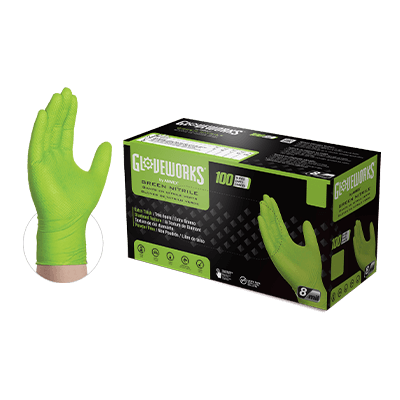 Gloveworks RDT Green Nitrile PF Ind Gloves - Case of 1000 / 10 Boxes of 100 - Smoke N’ Poke