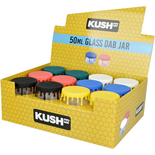 24CT DISP - Tarro de concentrado de vidrio Kush RX con tapa de silicona - 50 ml/colores surtidos