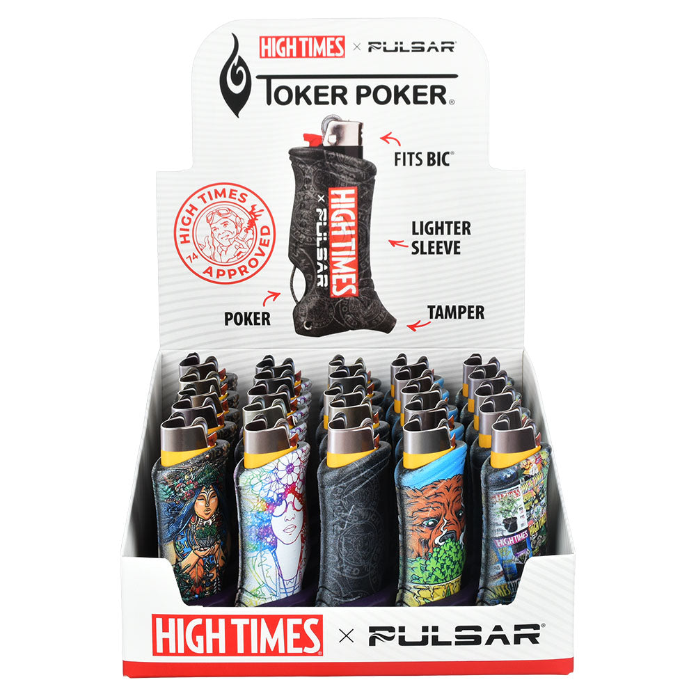 25PC DISP - High Times x Pulsar Toker Poker Lighter Sleeve - Bic / Asst Designs - Smoke N’ Poke