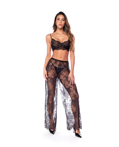 Underwire Lace Bra, Lace Wide Leg Pants, & Thong 3 Pc Set - Black